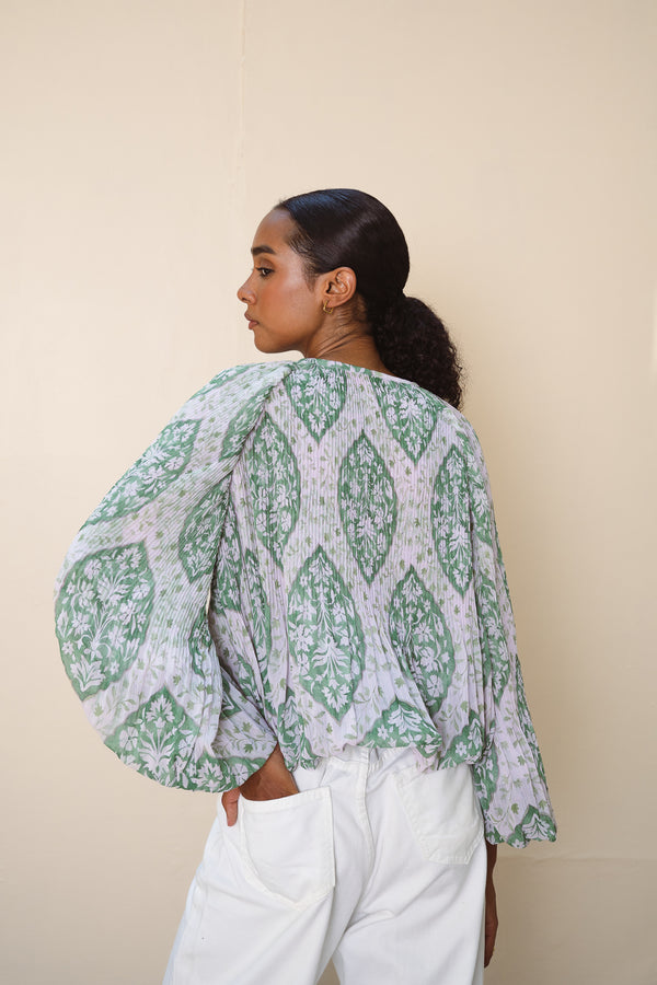 Pleated Balloon Blouse in Green