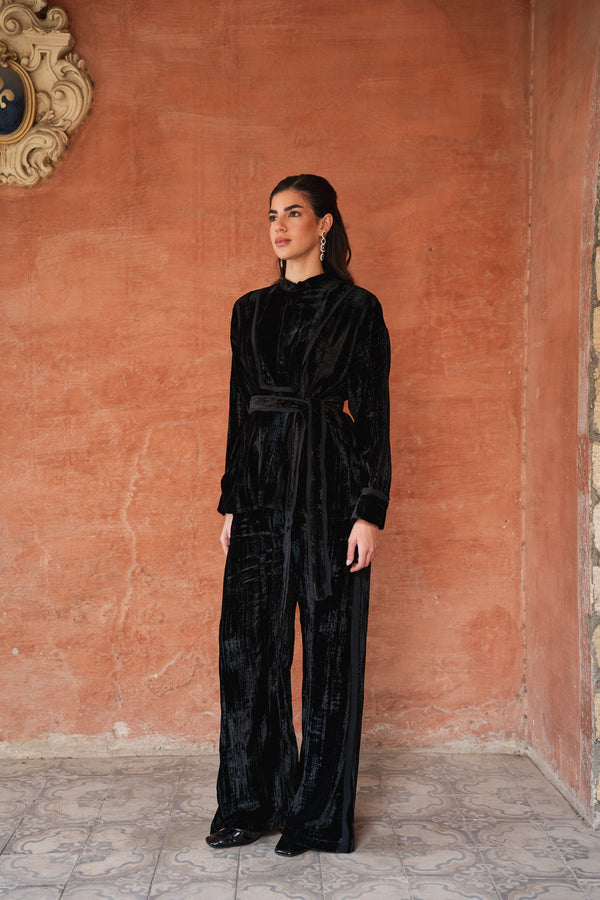 Raw Hem Velvet Set in Black