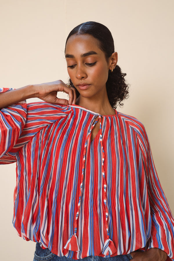 Pleated Balloon Blouse in Red