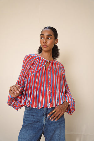 Pleated Balloon Blouse in Red