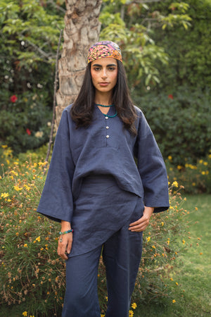 Linen Overskirt Wrap Pants in Navy