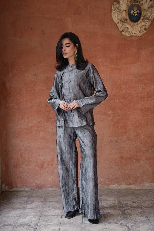 Mandarin Taffeta Set in Grey