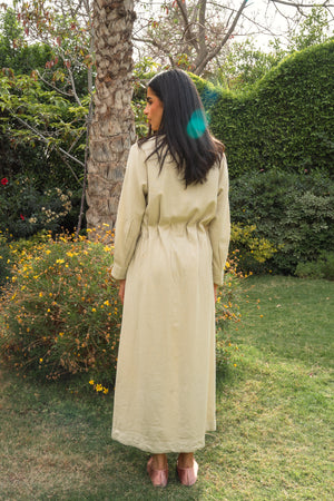 Linen Pleated Midi Dress in Beige