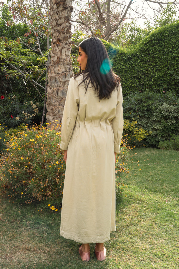 Linen Pleated Midi Dress in Beige