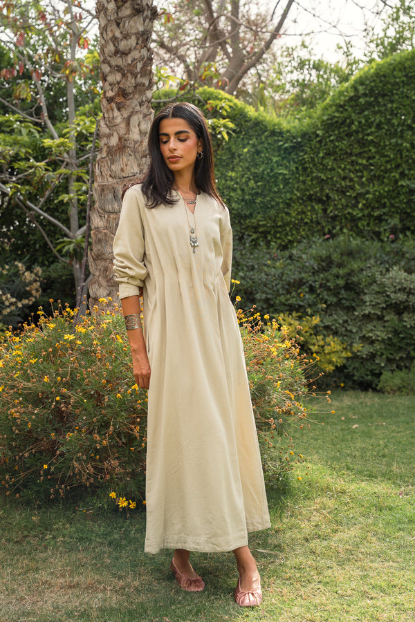 Linen Pleated Midi Dress in Beige