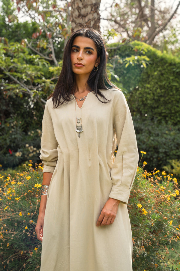 Linen Pleated Midi Dress in Beige