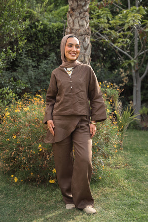 Linen Overskirt Wrap Pants in Brown