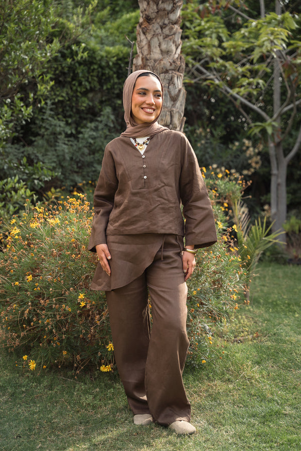 Linen Overskirt Wrap Pants in Brown