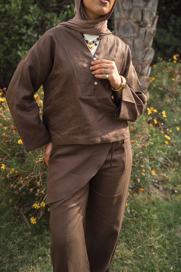 Linen Overskirt Wrap Pants in Brown