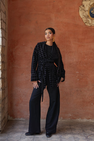 Patterned Velvet Kimono in Black