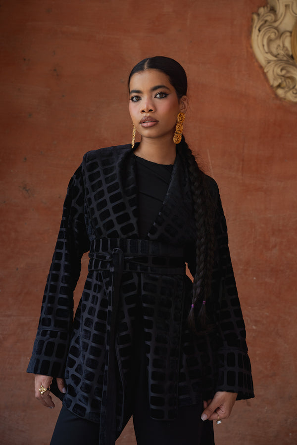 Patterned Velvet Kimono in Black