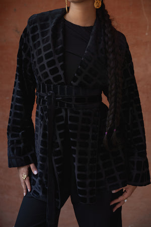 Patterned Velvet Kimono in Black