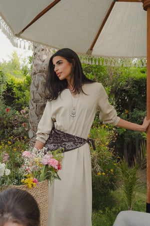 Linen Pleated Midi Dress in Beige