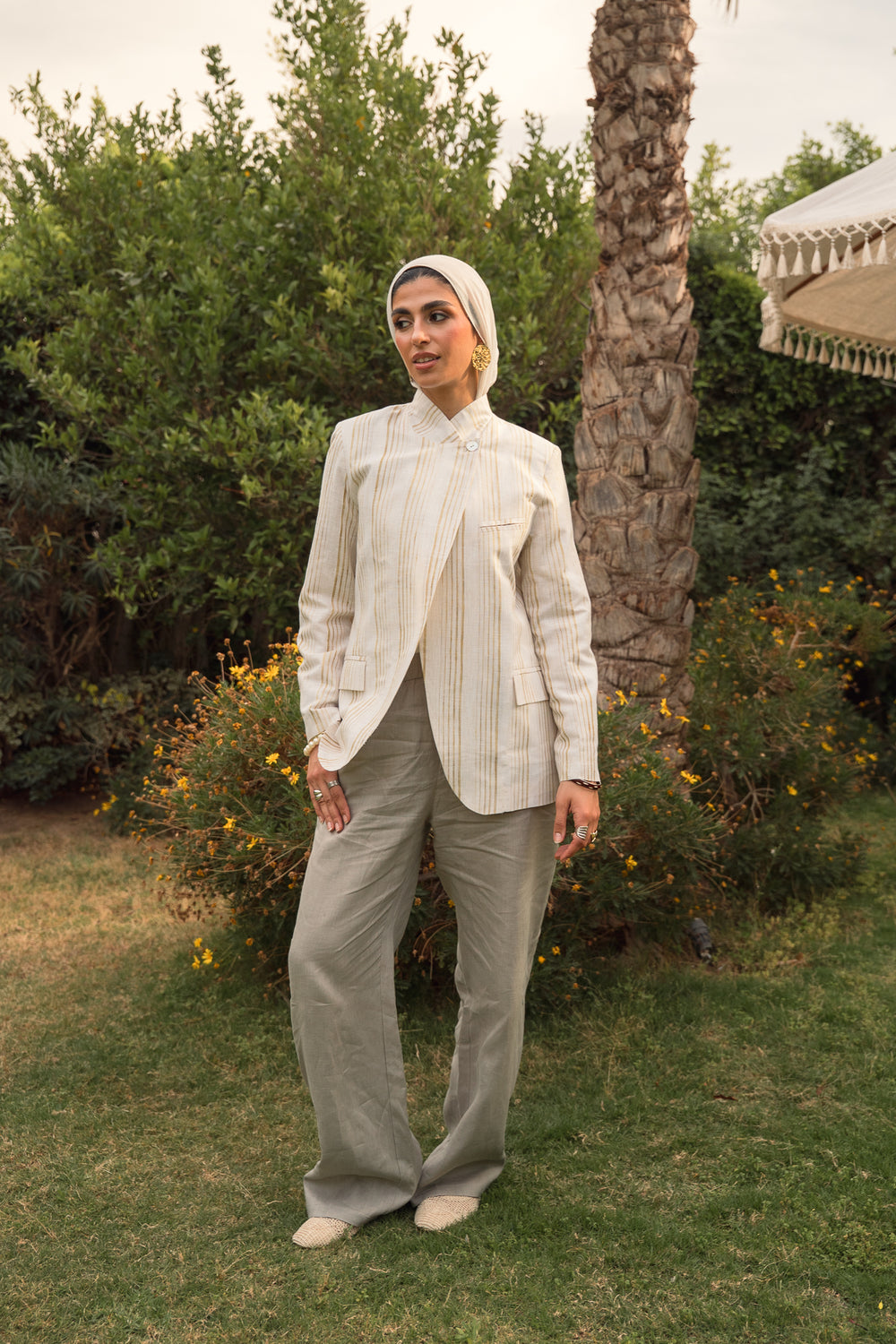 Striped Linen Asymmetric Blazer in White X Pistachio
