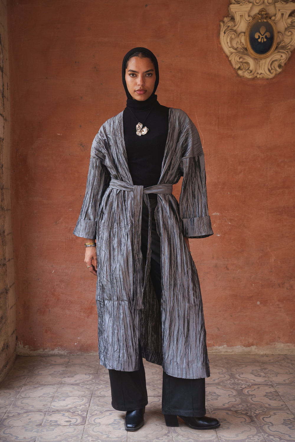 Crushed Taffeta Kaftan in Grey