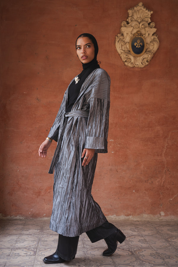 Crushed Taffeta Kaftan in Grey