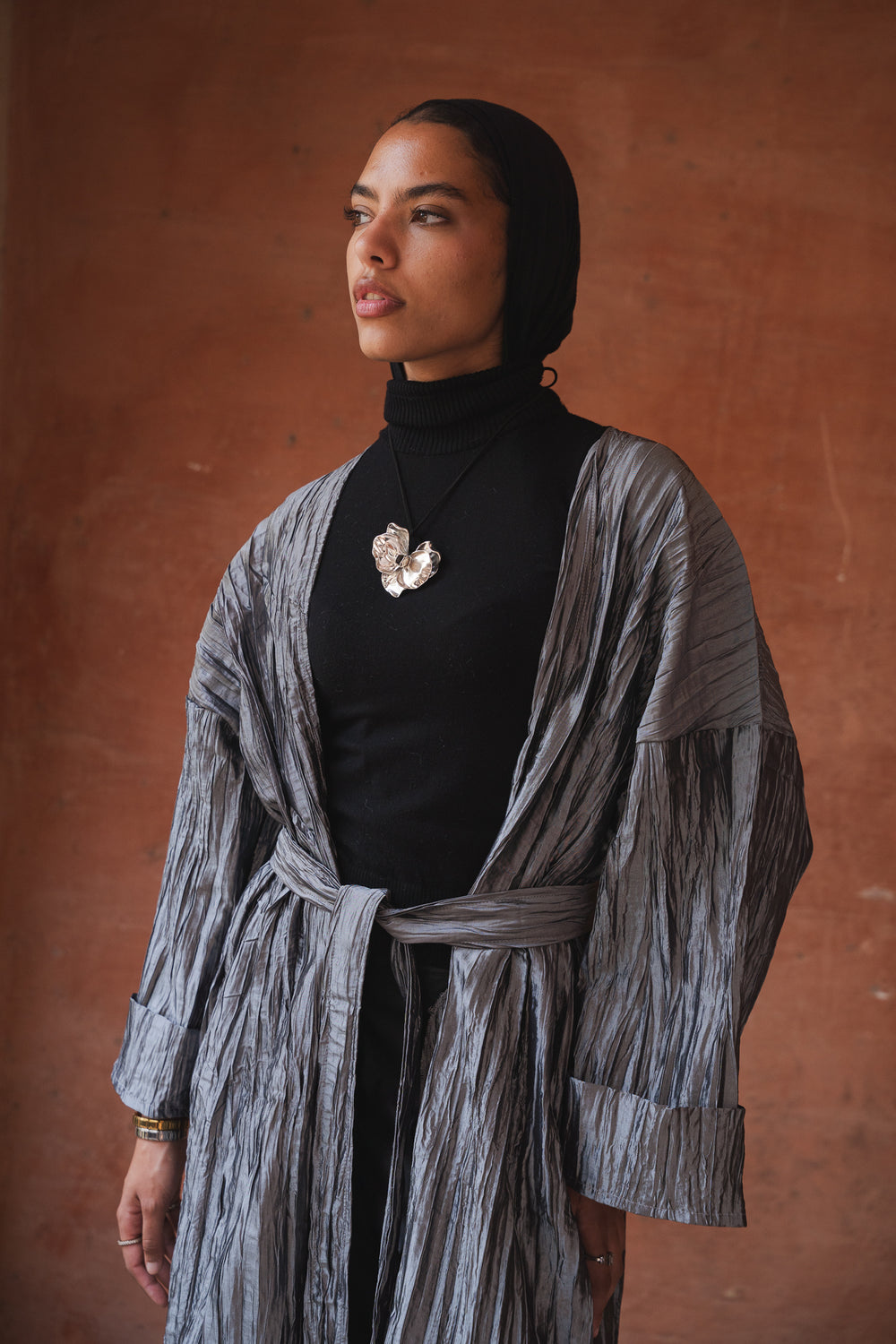 Crushed Taffeta Kaftan in Grey