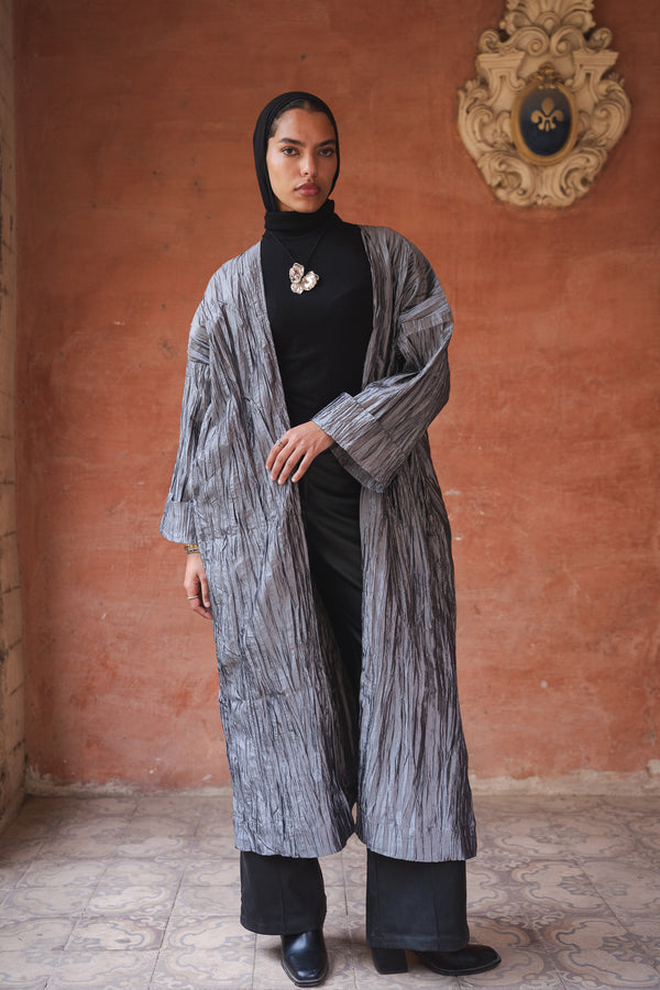 Crushed Taffeta Kaftan in Grey
