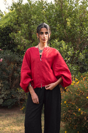 Linen Bomber Jacket in Red