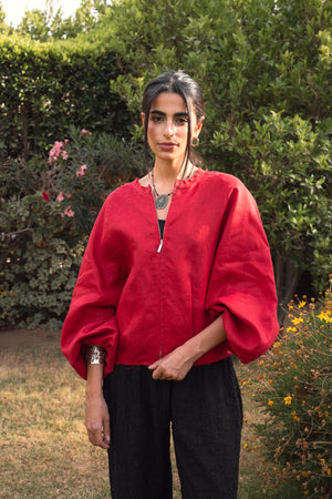 Linen Bomber Jacket in Red