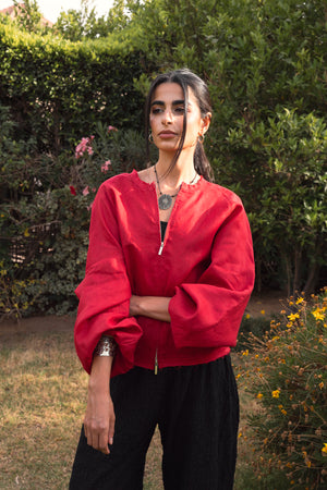 Linen Bomber Jacket in Red