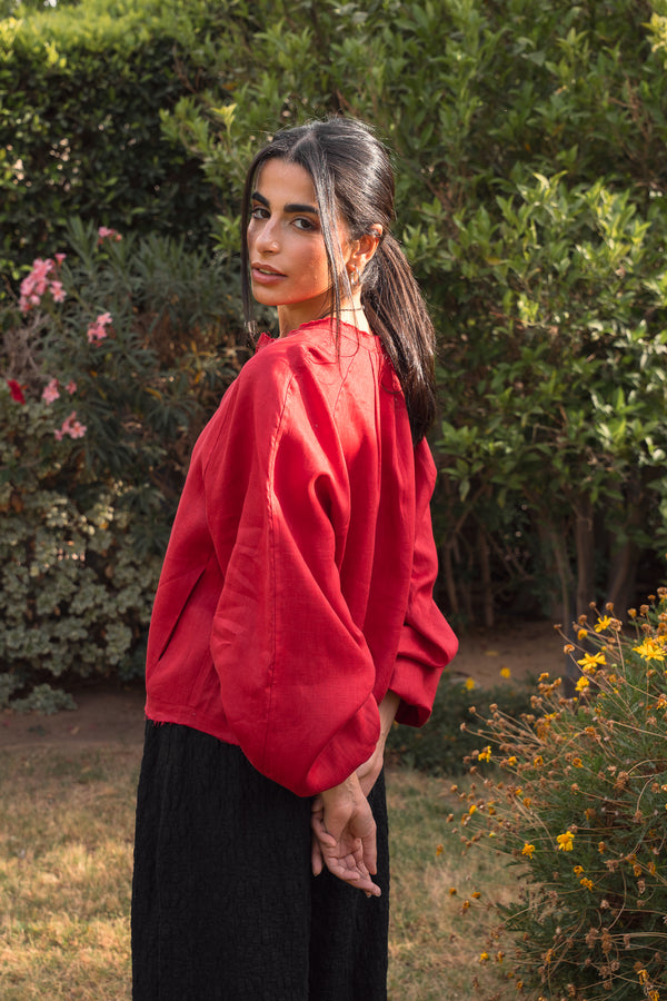 Linen Bomber Jacket in Red
