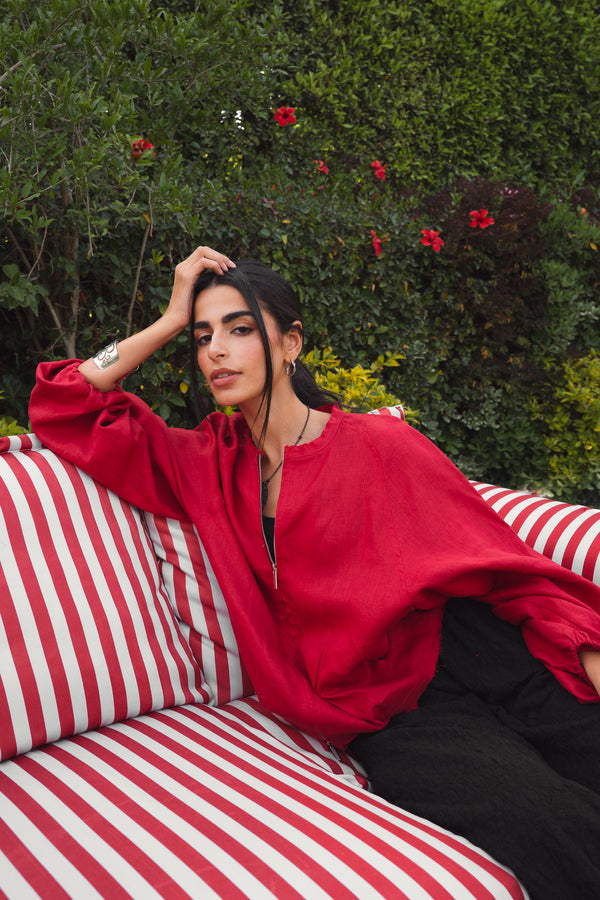 Linen Bomber Jacket in Red