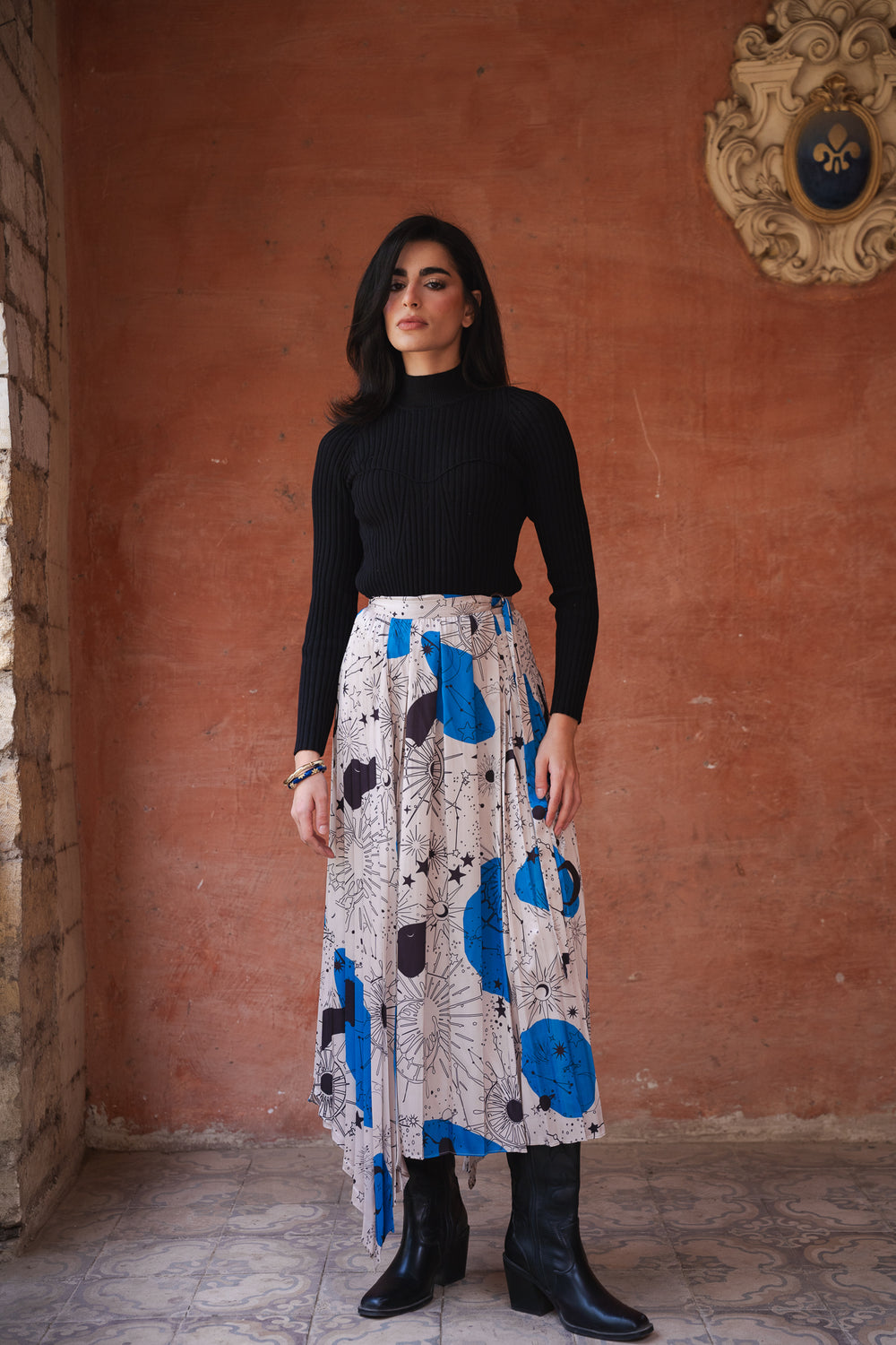 Pleated Satin Skirt in Blue Print