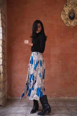 Pleated Satin Skirt in Blue Print