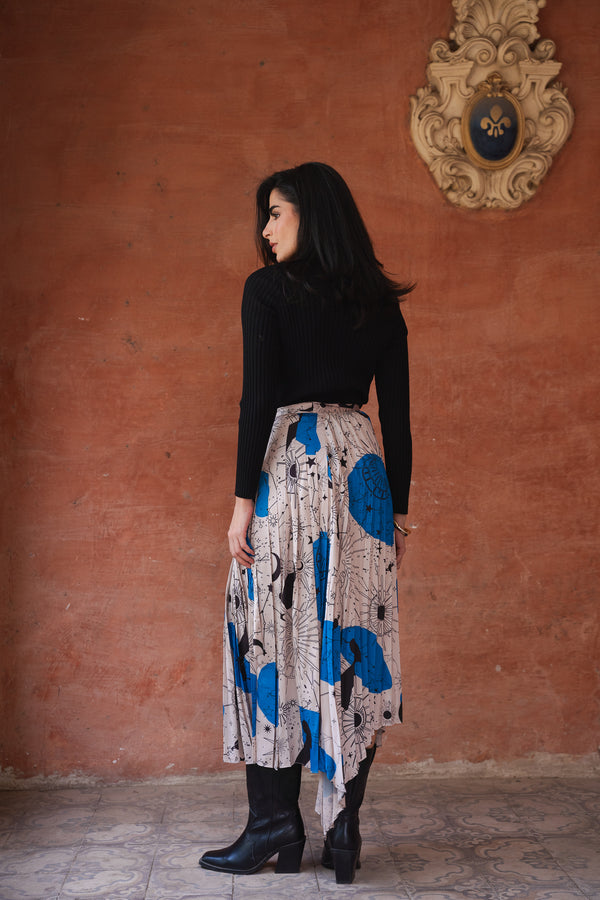 Pleated Satin Skirt in Blue Print
