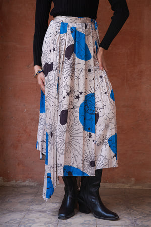 Pleated Satin Skirt in Blue Print