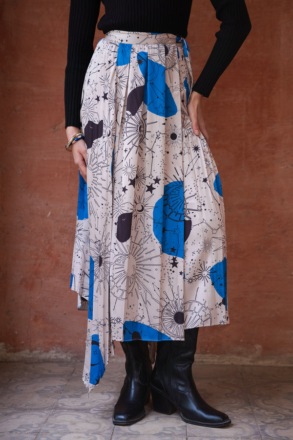 Pleated Satin Skirt in Blue Print