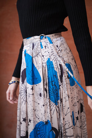 Pleated Satin Skirt in Blue Print