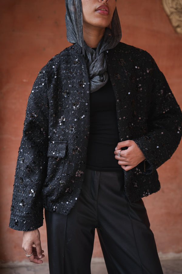 Sequin Bomber in Black