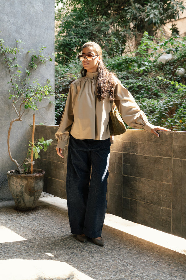 Gathered Poplin Blouse in Cafe