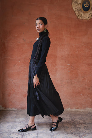 Pleated Satin Skirt in Black