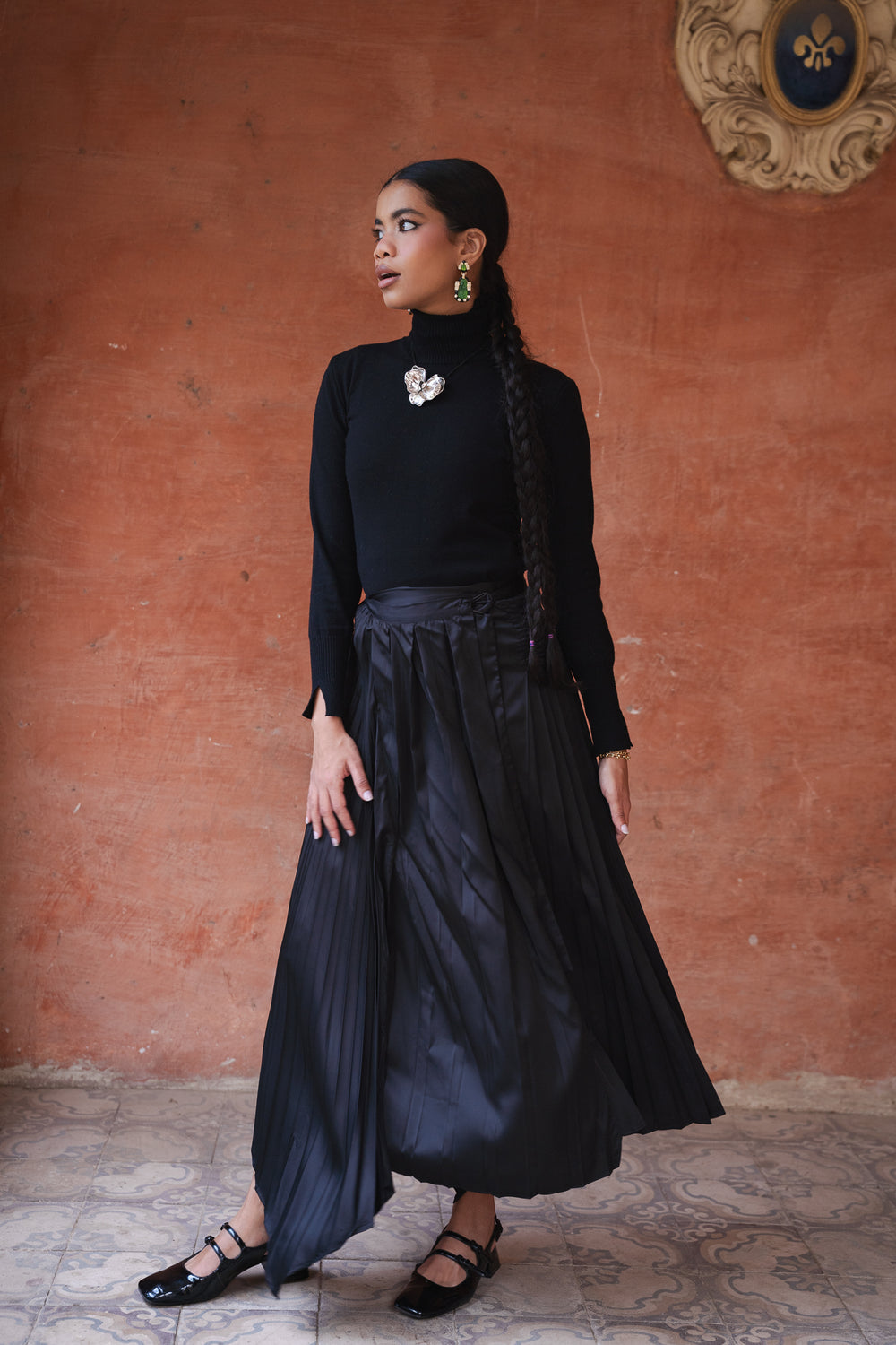 Pleated Satin Skirt in Black