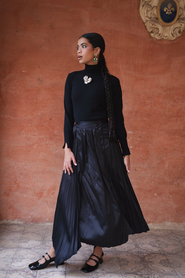 Pleated Satin Skirt in Black