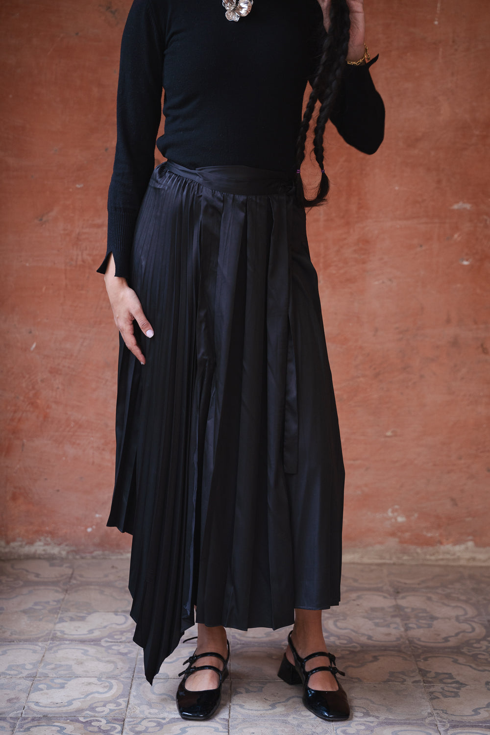 Pleated Satin Skirt in Black