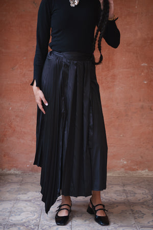 Pleated Satin Skirt in Black