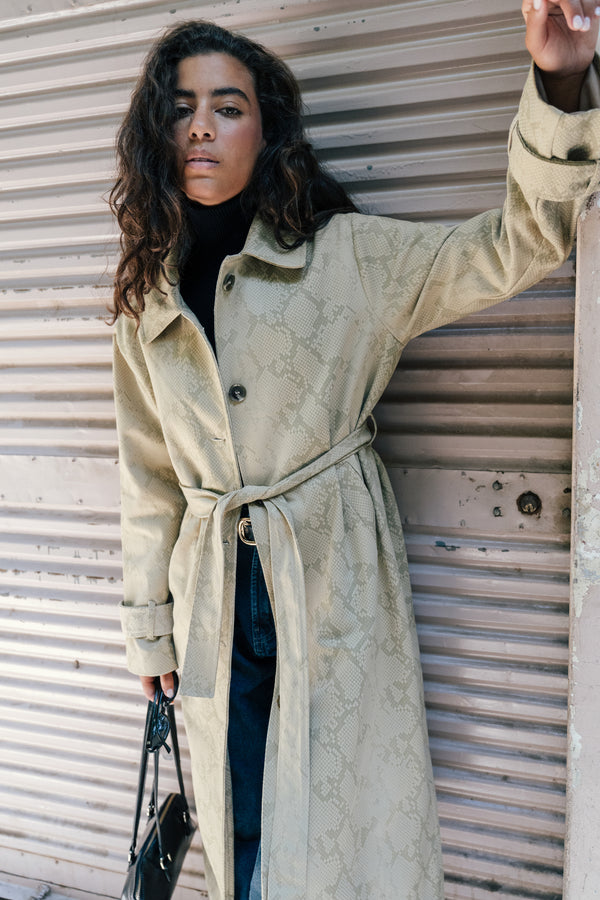 Gabardine Animal Print Coat in Green