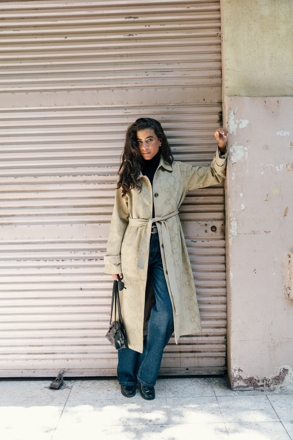 Gabardine Animal Print Coat in Green