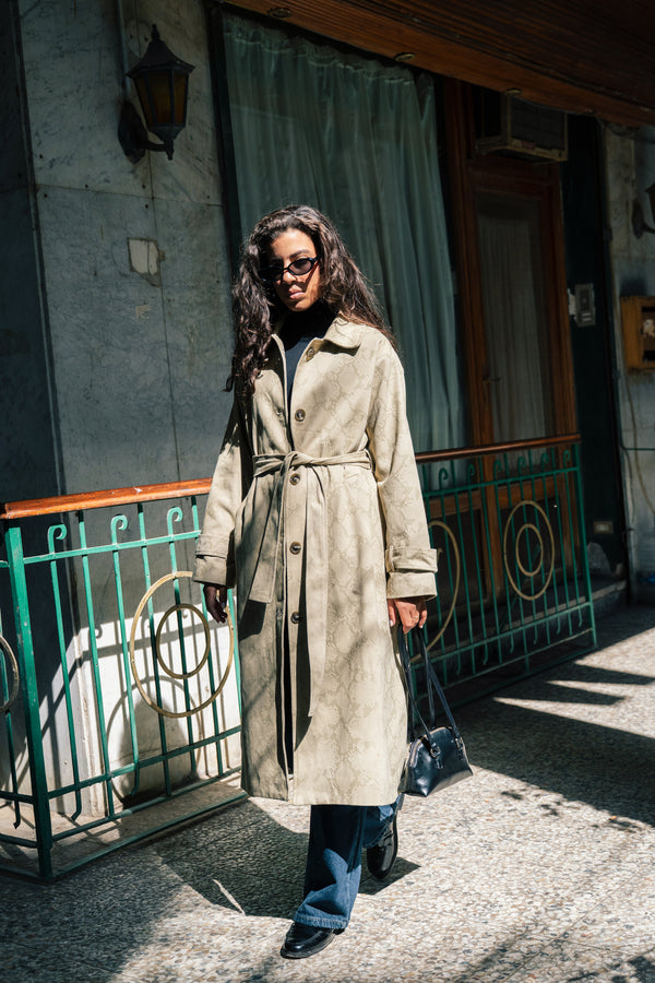 Gabardine Animal Print Coat in Green