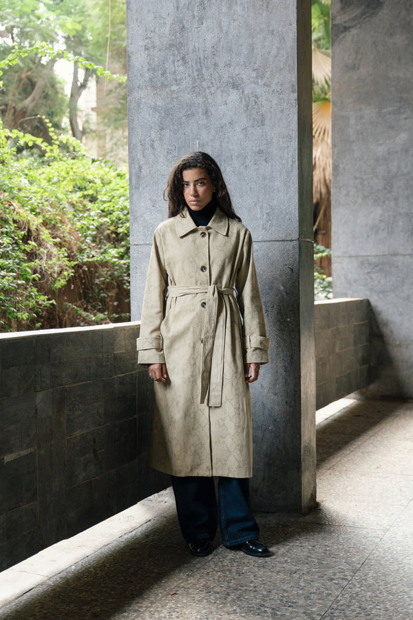 Gabardine Animal Print Coat in Green
