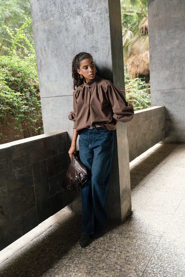 Gathered Poplin Blouse in Brown