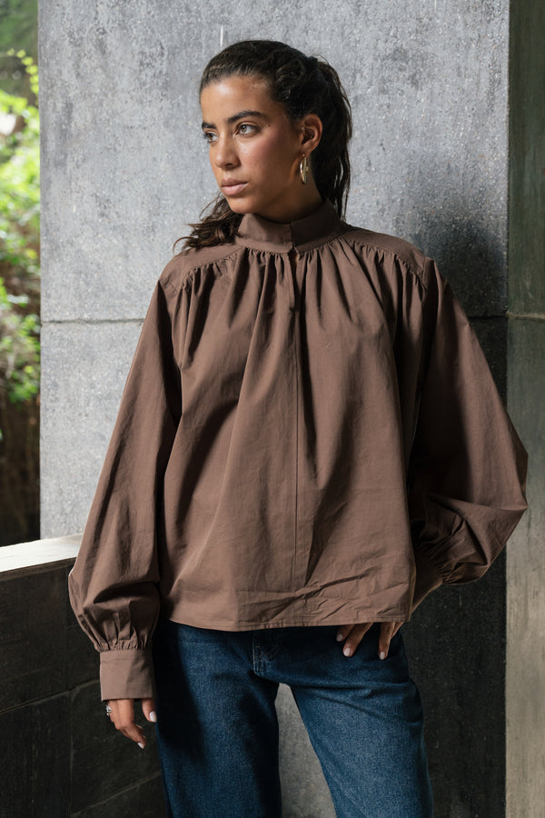 Gathered Poplin Blouse in Brown