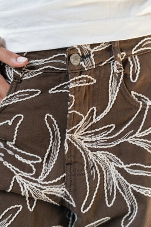 Embroidered Gabardine Pants in Brown
