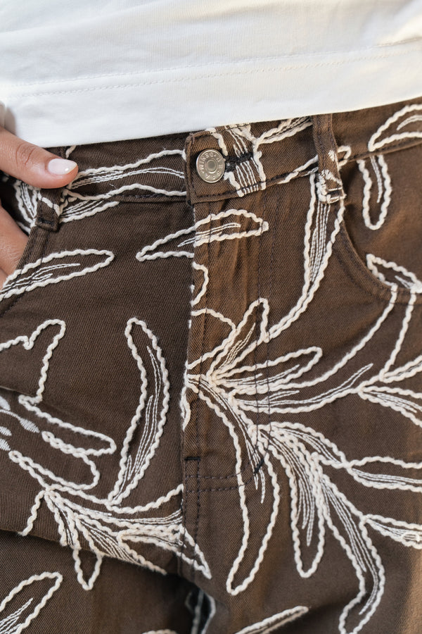 Embroidered Gabardine Pants in Brown
