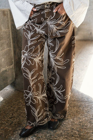 Embroidered Gabardine Pants in Brown