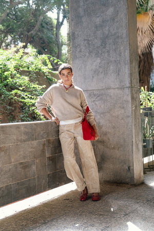 Embroidered Gabardine Pants in Beige